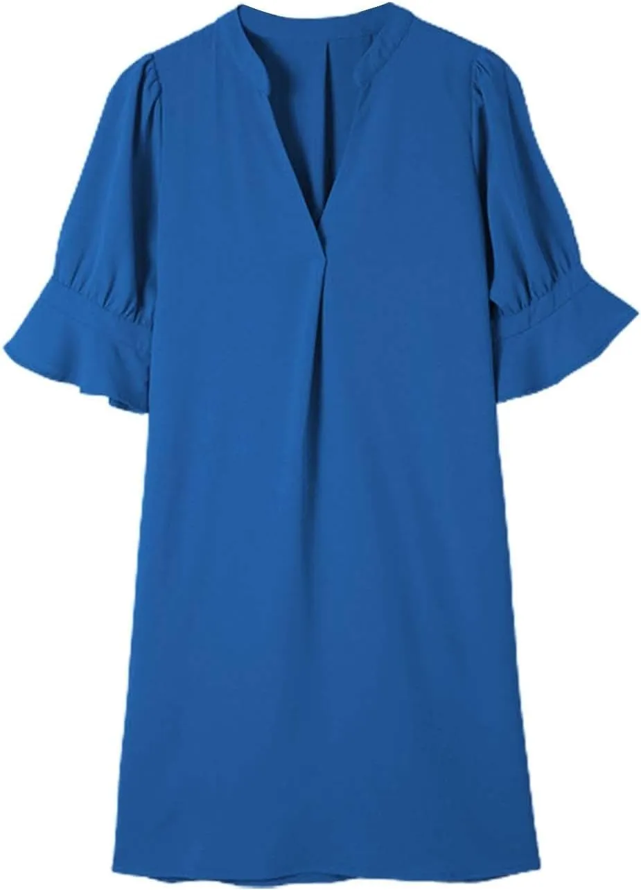 Summer Dresses for Women 2024 Casual V Neck Stylish Tunic Dress Ruffle Short Sleeve Solid Color Loose Flowy Shirt Dresses