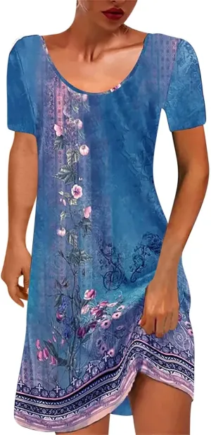 Summer Dresses for Women 2025 Beach Loose Vacation Sun Dress Boho Short Sleeve Dress Casual Floral Print Sundresses