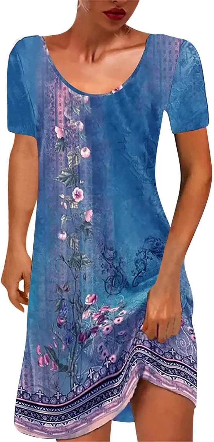 Summer Dresses for Women 2025 Beach Loose Vacation Sun Dress Boho Short Sleeve Dress Casual Floral Print Sundresses