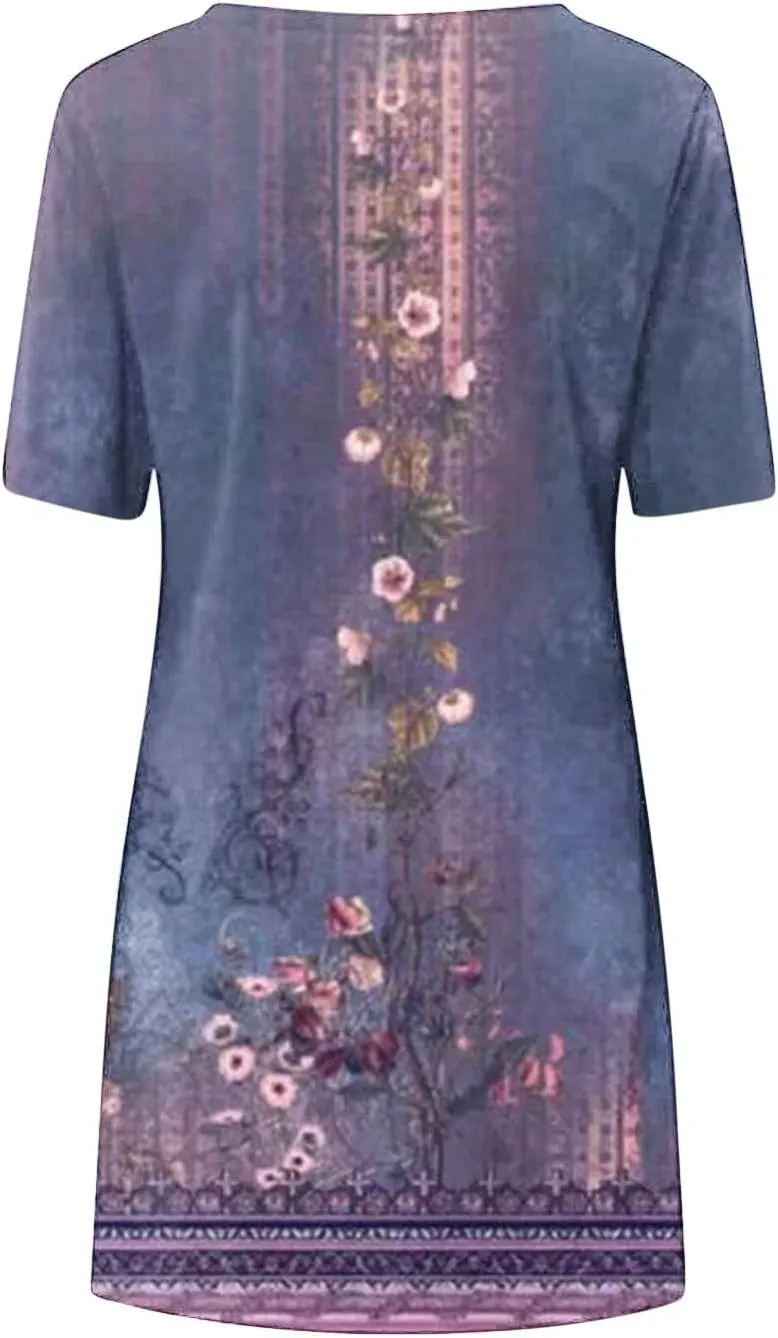 Summer Dresses for Women 2025 Beach Loose Vacation Sun Dress Boho Short Sleeve Dress Casual Floral Print Sundresses