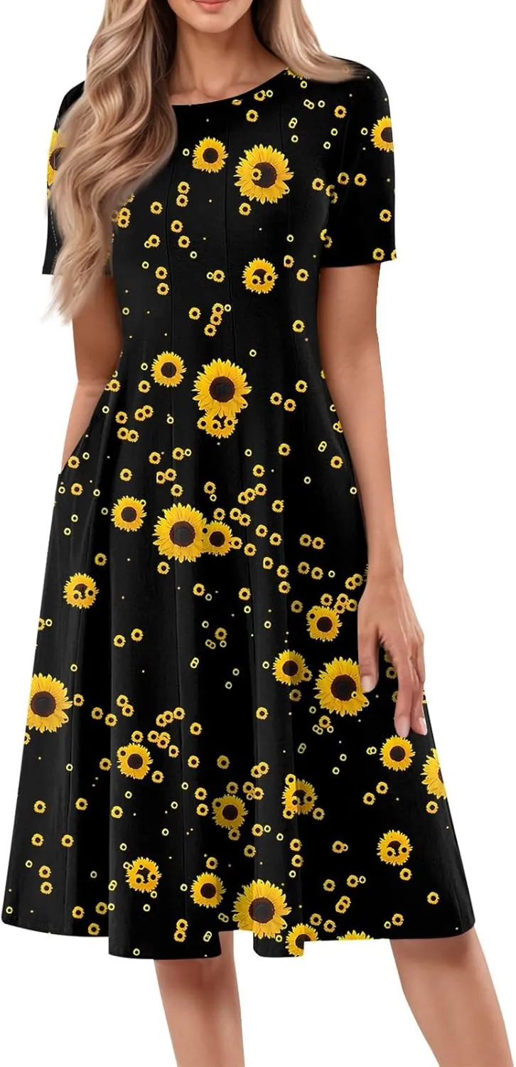 Summer Dresses for Women 2025 Short Sleeve Dresses Empire Waist Wrap Dress Business Boho Dress Midi with Pocket