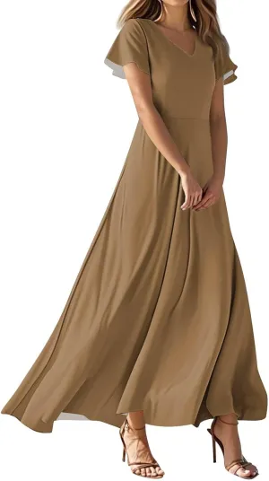Summer Dresses for Women Elegant V-Neck Short Sleeve Long Maxi Dress Solid/Floral Printed Cocktail Party Dresses