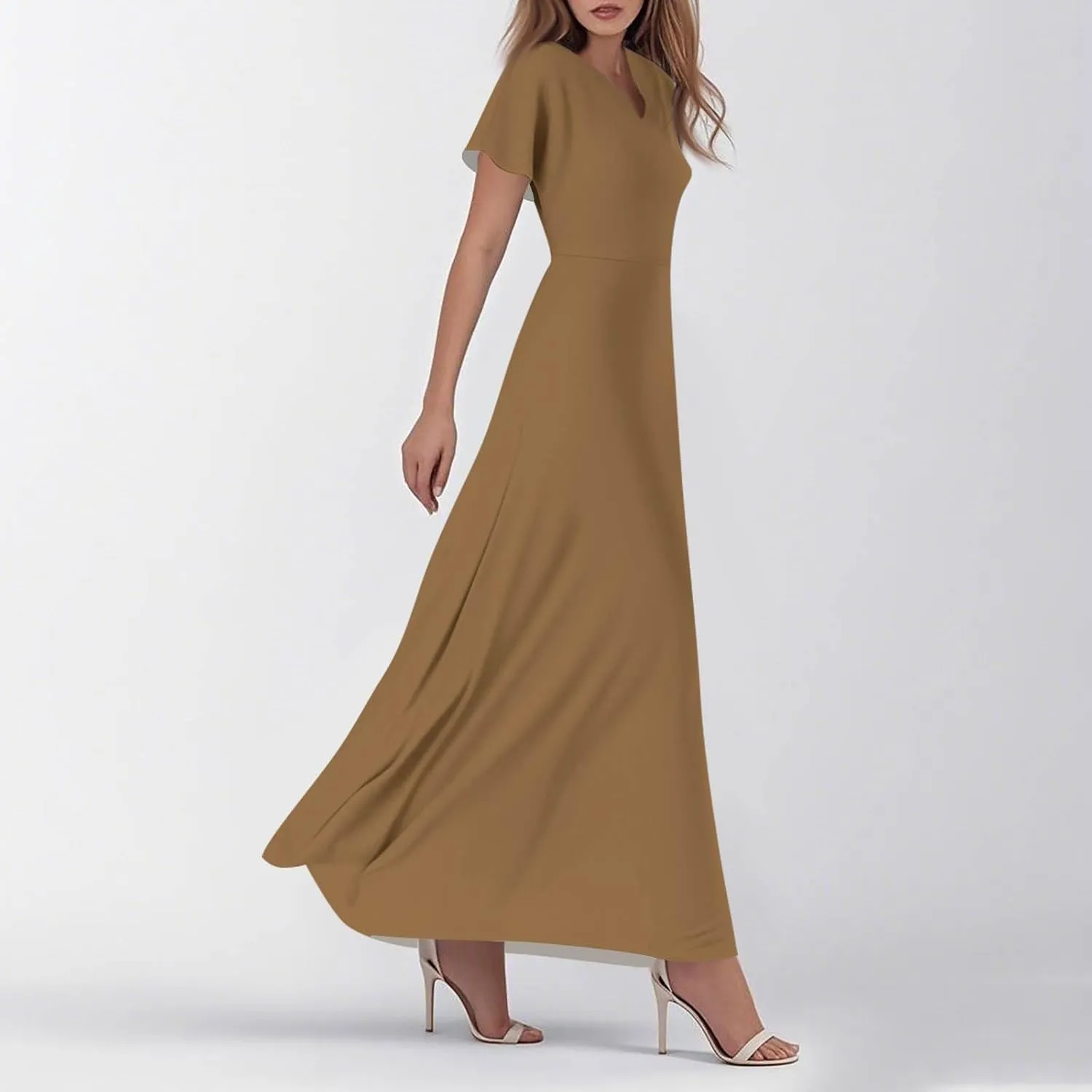 Summer Dresses for Women Elegant V-Neck Short Sleeve Long Maxi Dress Solid/Floral Printed Cocktail Party Dresses