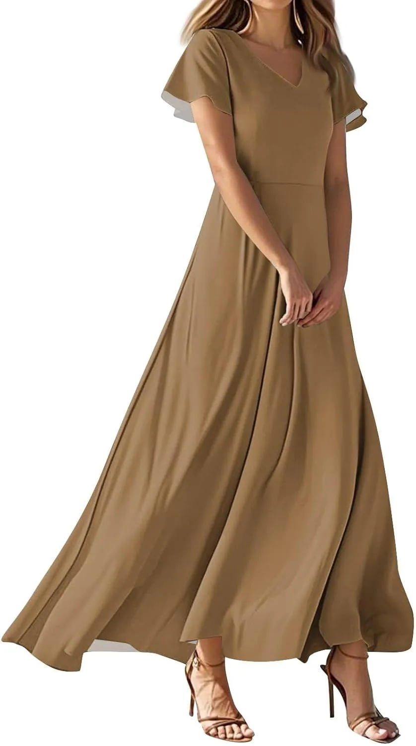 Summer Dresses for Women Elegant V-Neck Short Sleeve Long Maxi Dress Solid/Floral Printed Cocktail Party Dresses