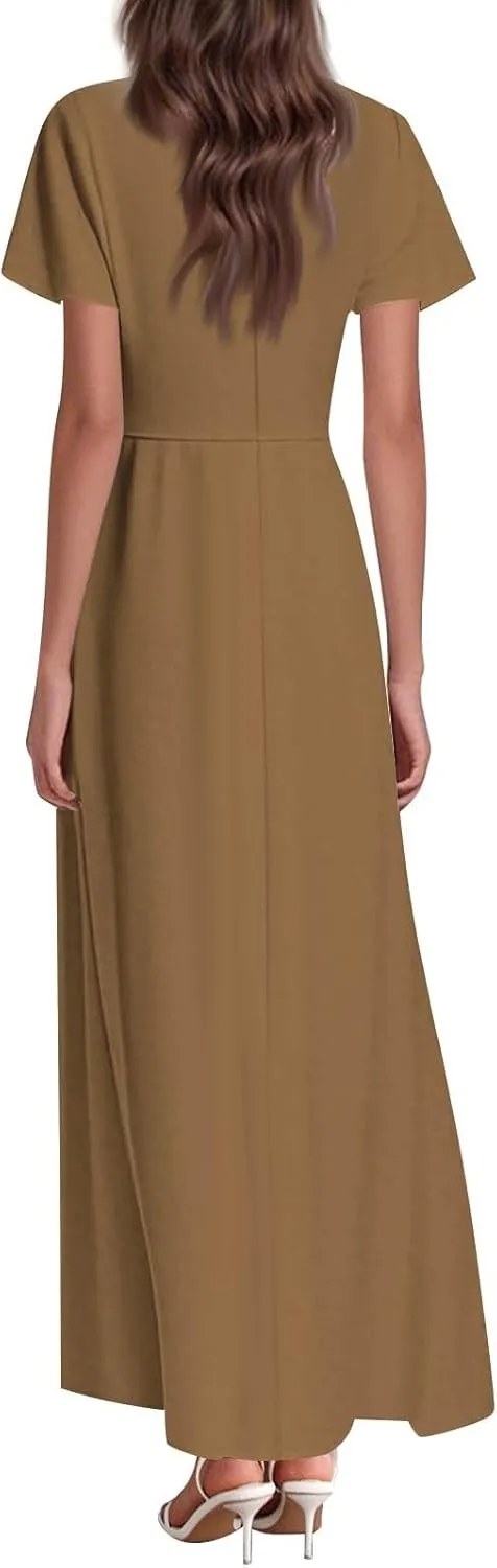 Summer Dresses for Women Elegant V-Neck Short Sleeve Long Maxi Dress Solid/Floral Printed Cocktail Party Dresses