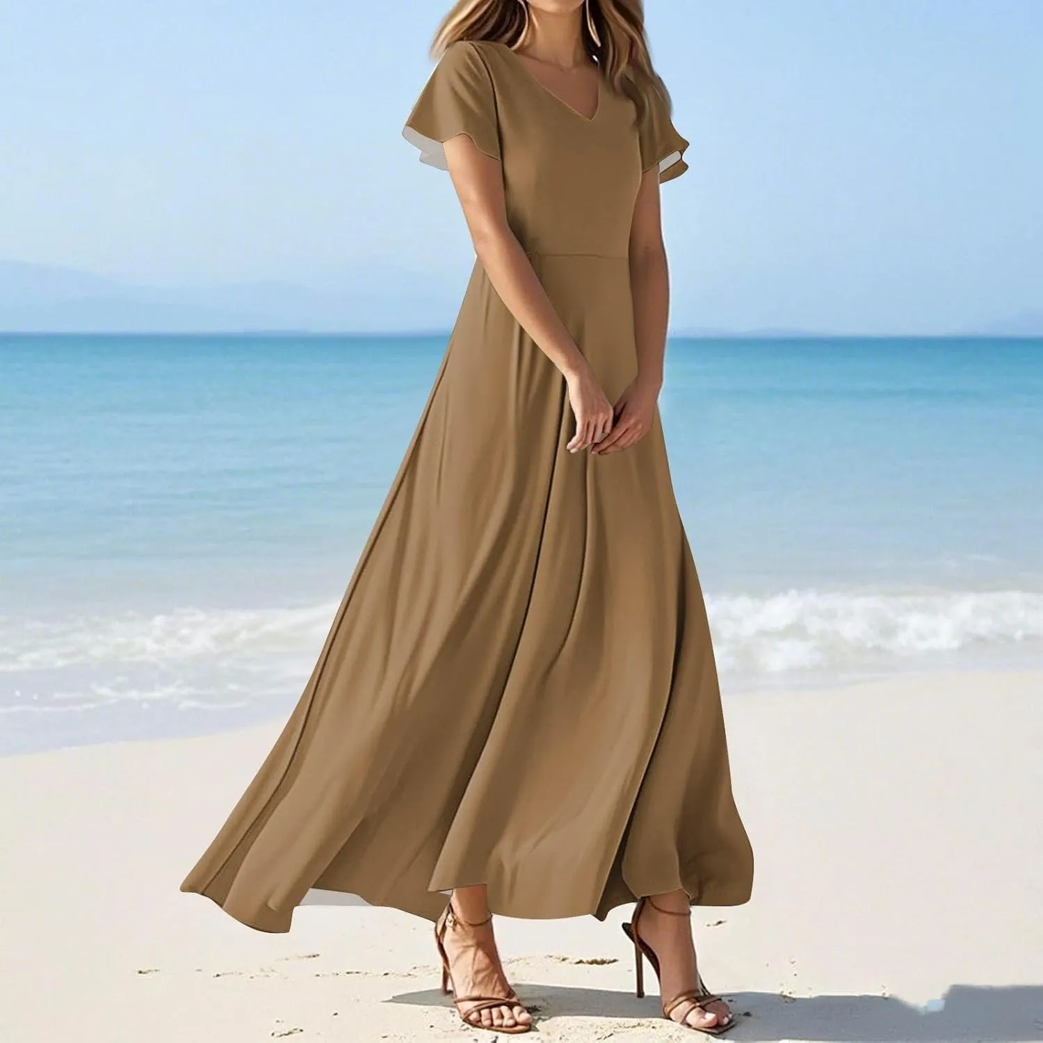 Summer Dresses for Women Elegant V-Neck Short Sleeve Long Maxi Dress Solid/Floral Printed Cocktail Party Dresses