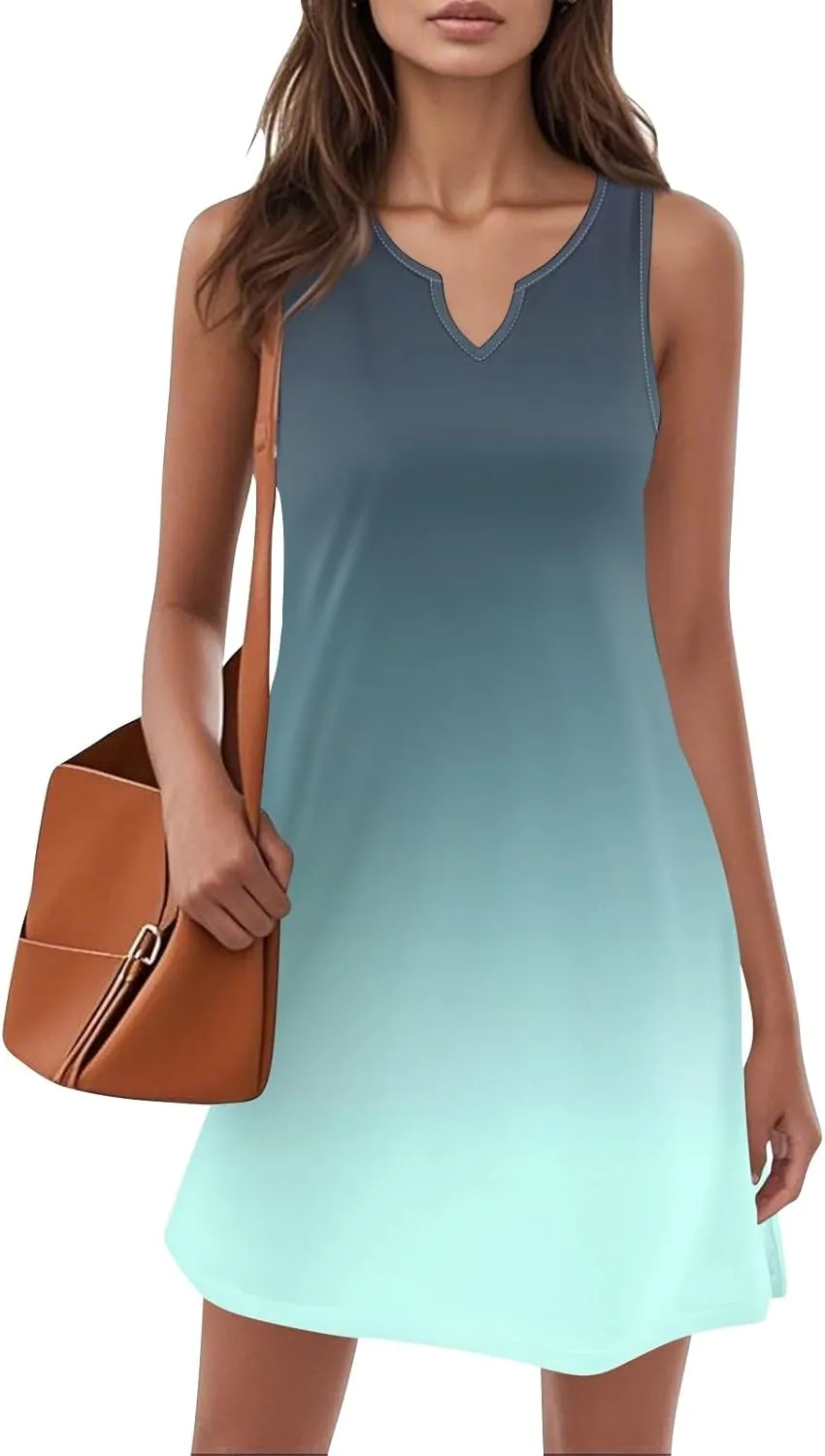 Summer Dresses for Women V Neck Sundresses Casual Beach Tank Dress Printed T Shirt Dresses Loose Sleeveless Sleep Dress
