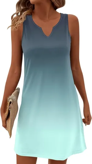 Summer Dresses for Women V Neck Sundresses Casual Beach Tank Dress Printed T Shirt Dresses Loose Sleeveless Sleep Dress