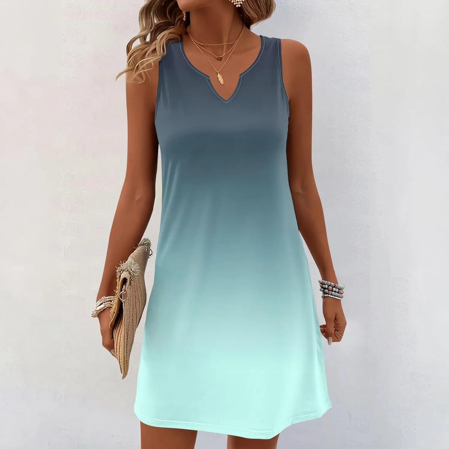 Summer Dresses for Women V Neck Sundresses Casual Beach Tank Dress Printed T Shirt Dresses Loose Sleeveless Sleep Dress