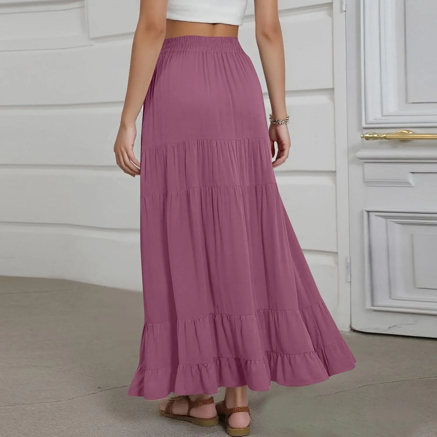 Summer Maxi Skirts for Women 2025 Long Elastic High Waisted Tiered Skirt Casual Boho Pleated A Line Beach Flowy Skirts