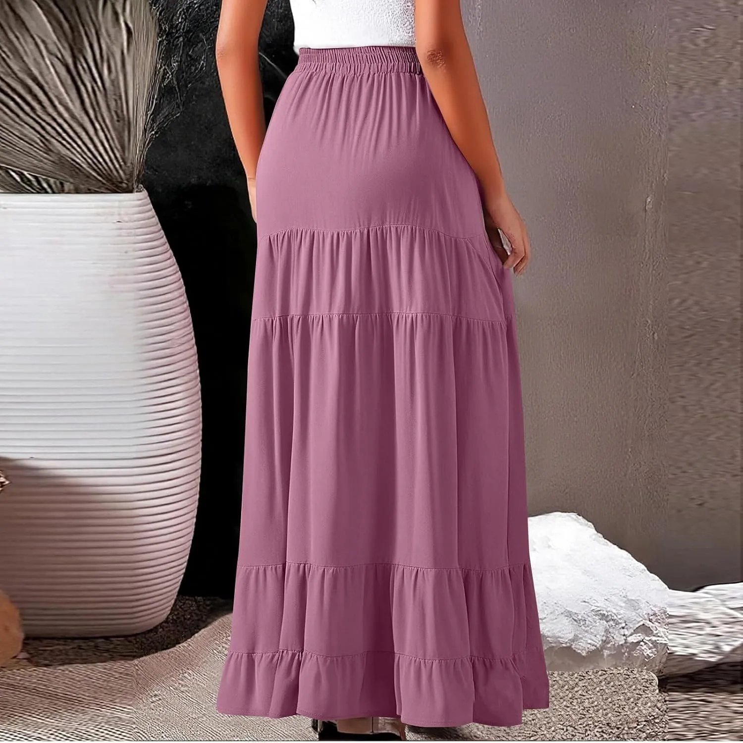 Summer Maxi Skirts for Women 2025 Long Elastic High Waisted Tiered Skirt Casual Boho Pleated A Line Beach Flowy Skirts
