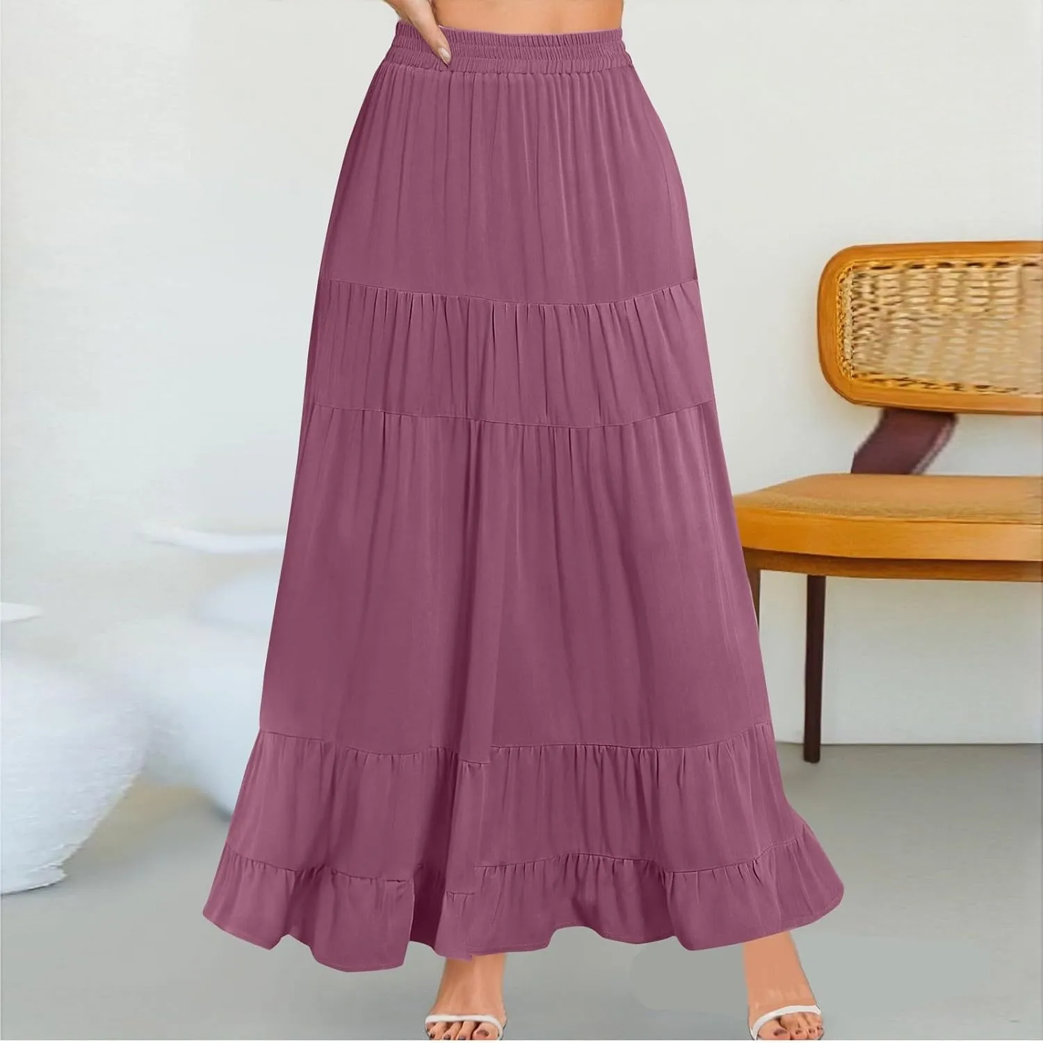 Summer Maxi Skirts for Women 2025 Long Elastic High Waisted Tiered Skirt Casual Boho Pleated A Line Beach Flowy Skirts
