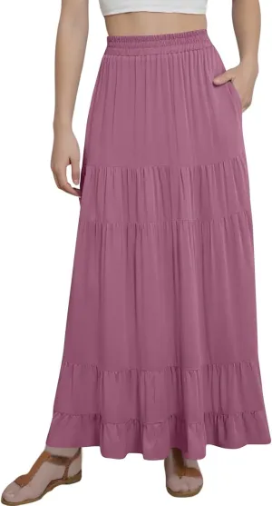 Summer Maxi Skirts for Women 2025 Long Elastic High Waisted Tiered Skirt Casual Boho Pleated A Line Beach Flowy Skirts