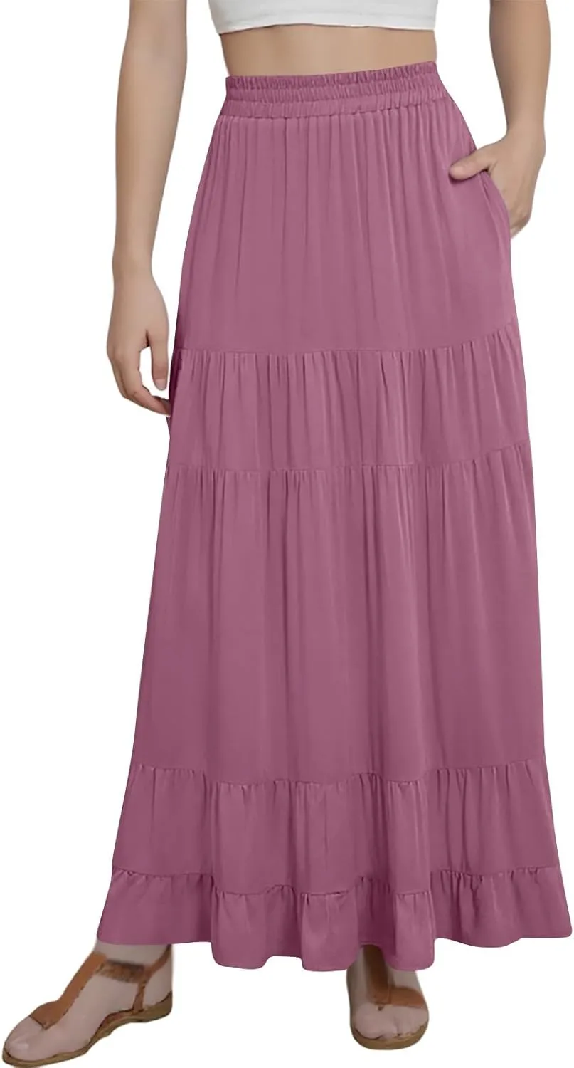 Summer Maxi Skirts for Women 2025 Long Elastic High Waisted Tiered Skirt Casual Boho Pleated A Line Beach Flowy Skirts