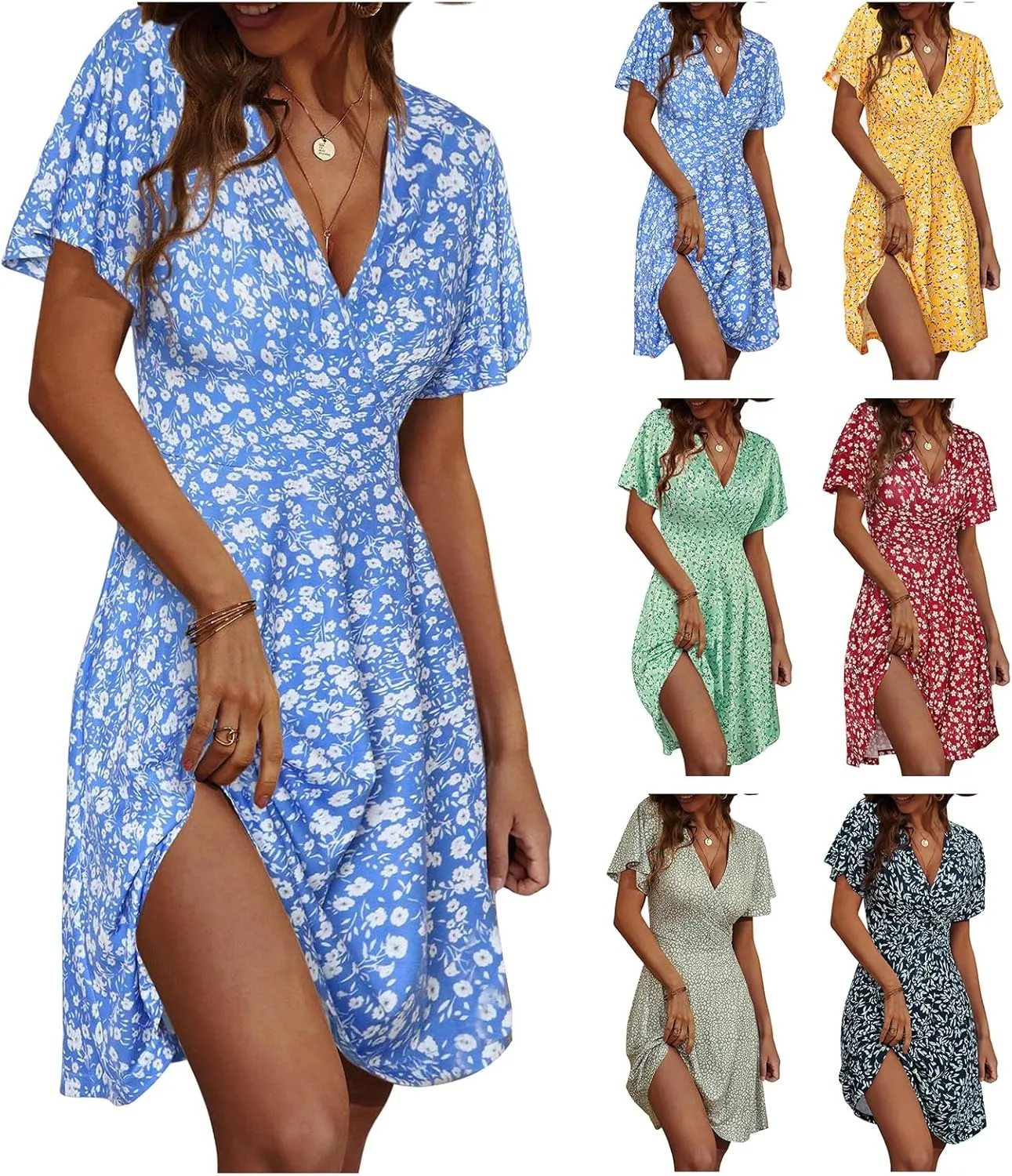 Summer Mini Dresses for Women V Neck Polka Dot Print Dress Ruffle Short Sleeve Floral Dresses Beach Vacation Clothes