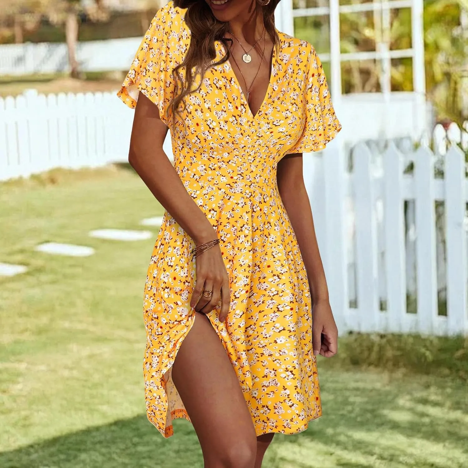 Summer Mini Dresses for Women V Neck Polka Dot Print Dress Ruffle Short Sleeve Floral Dresses Beach Vacation Clothes