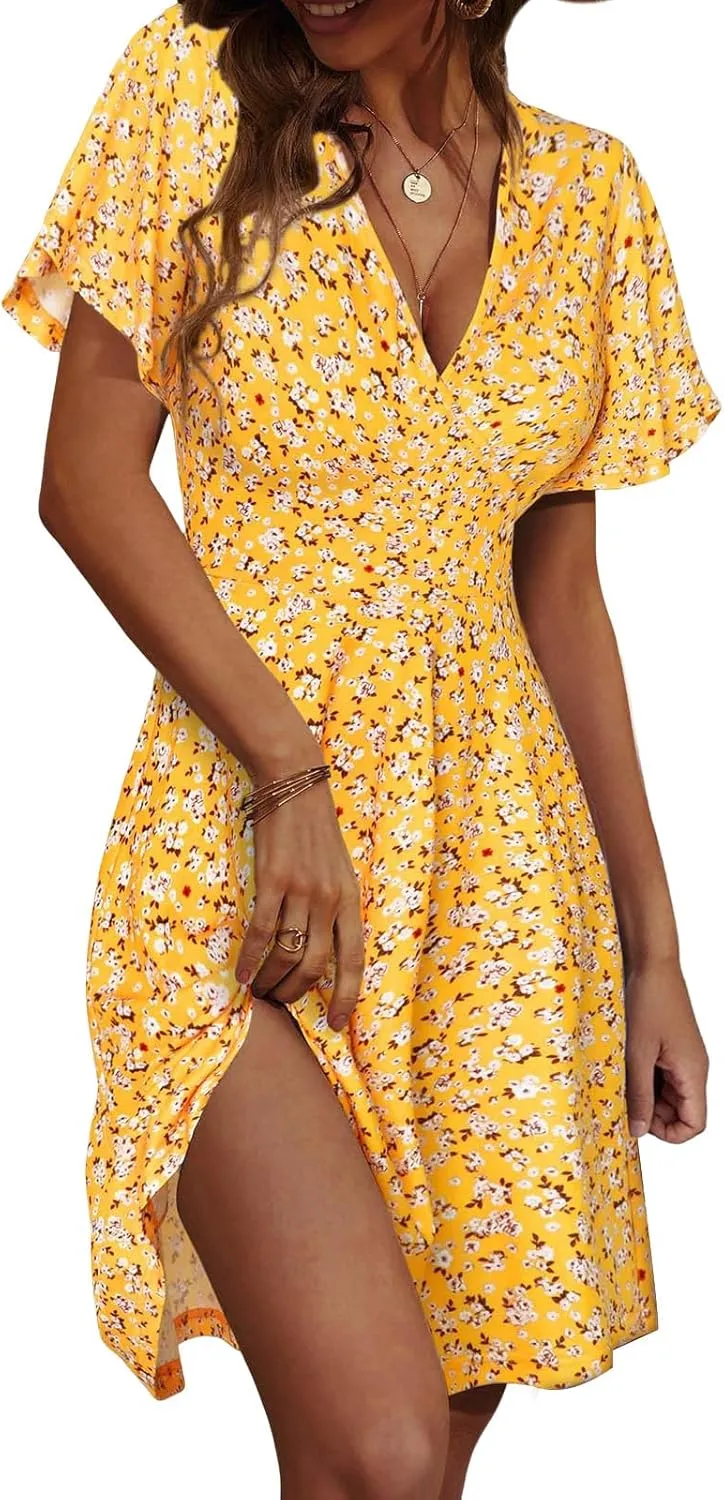 Summer Mini Dresses for Women V Neck Polka Dot Print Dress Ruffle Short Sleeve Floral Dresses Beach Vacation Clothes