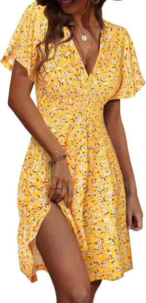 Summer Mini Dresses for Women V Neck Polka Dot Print Dress Ruffle Short Sleeve Floral Dresses Beach Vacation Clothes
