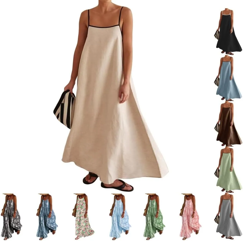 Summer Spaghetti Strap Maxi Dresses for Women 2025 Sleeveless Backless Flowy Long Dresses Casual Party Beach Dress