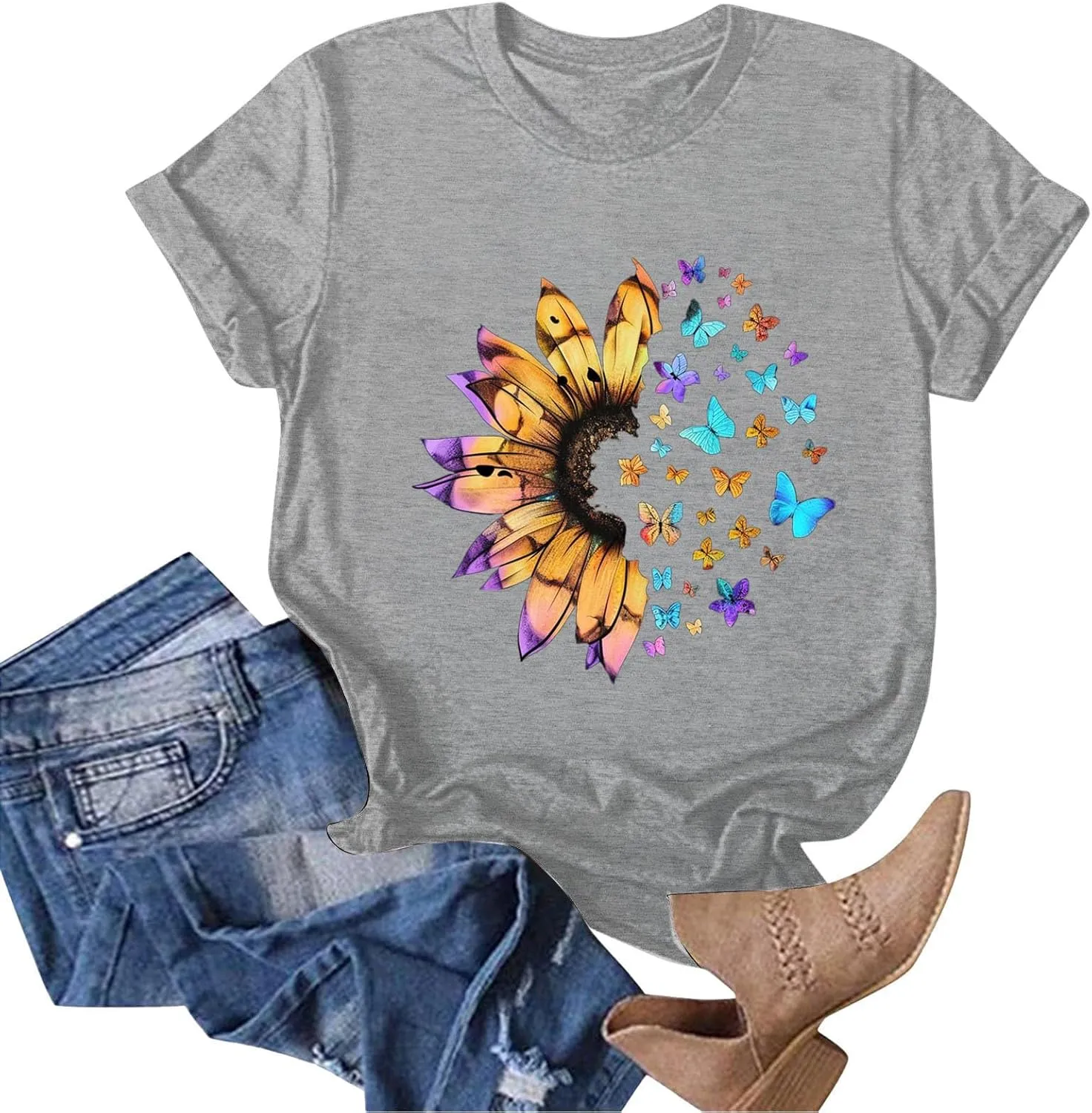 Summer Tops for Women 2025 Crew Neck Short Sleeve T Shirt Dressy Casual Blouse Printed Loose Trendy Outfit