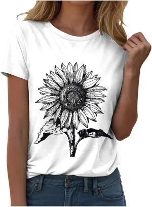 Summer Tops for Women 2025 Crew Neck Short Sleeve T Shirt Dressy Casual Blouse Printed Loose Trendy Outfit