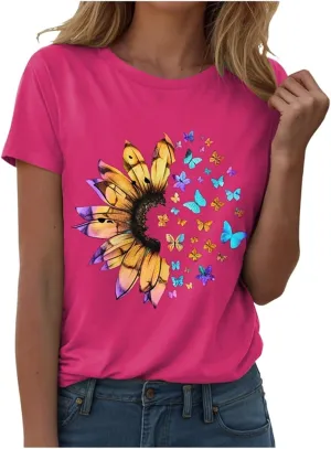 Summer Tops for Women 2025 Crew Neck Short Sleeve T Shirt Dressy Casual Blouse Printed Loose Trendy Outfit