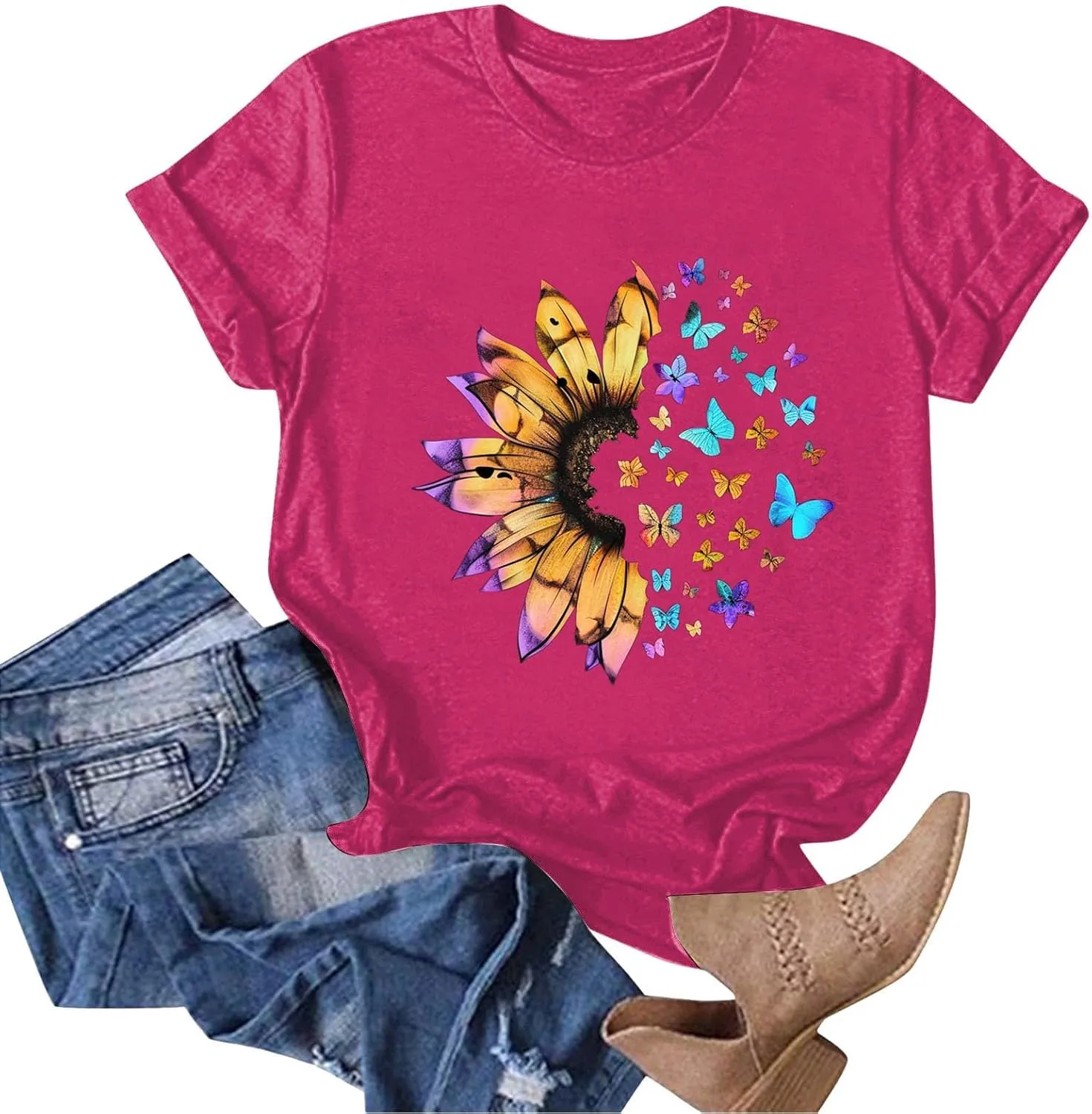 Summer Tops for Women 2025 Crew Neck Short Sleeve T Shirt Dressy Casual Blouse Printed Loose Trendy Outfit