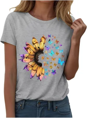 Summer Tops for Women 2025 Crew Neck Short Sleeve T Shirt Dressy Casual Blouse Printed Loose Trendy Outfit