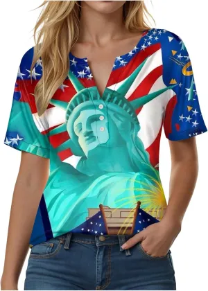Summer Tops for Women 2025 Henley V Neck Short Sleeve Shirt Button Down Shirt Comfy Blouse Dressy Floral Printed