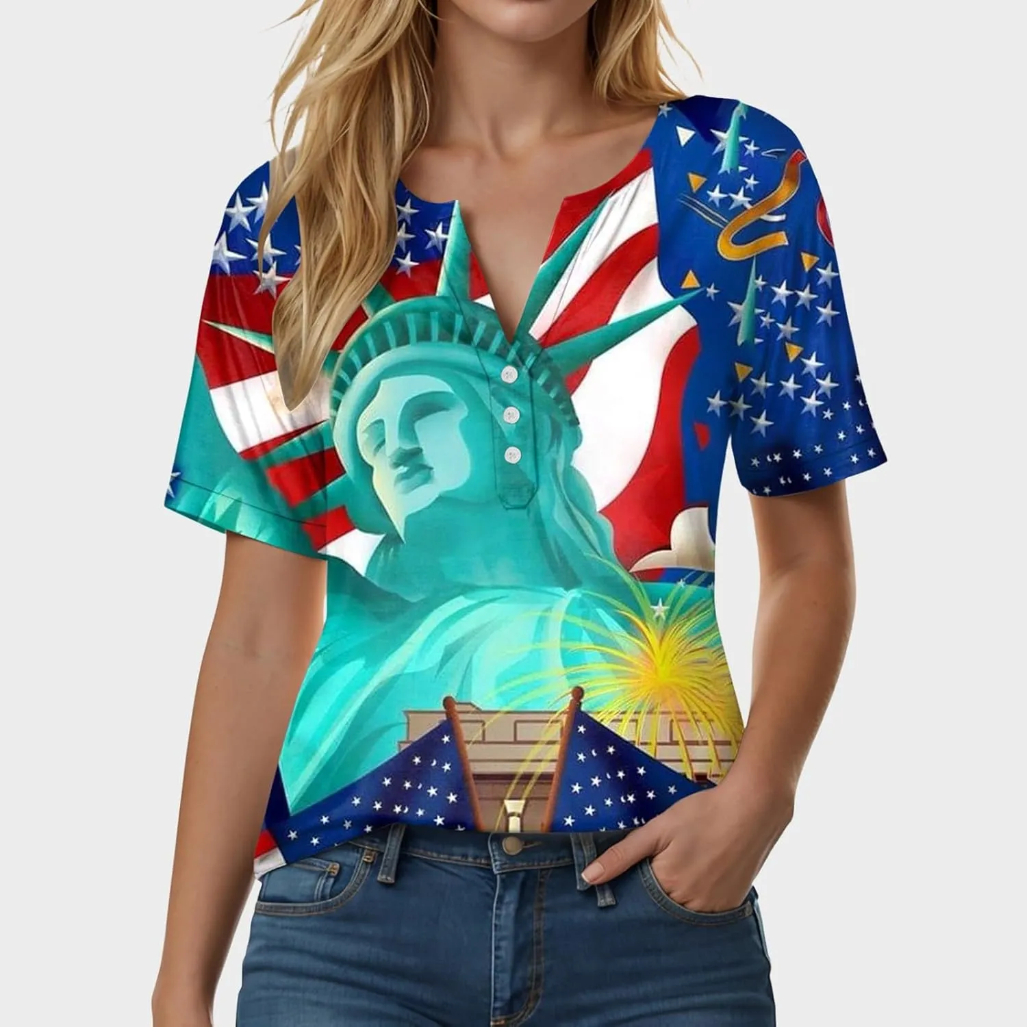 Summer Tops for Women 2025 Henley V Neck Short Sleeve Shirt Button Down Shirt Comfy Blouse Dressy Floral Printed