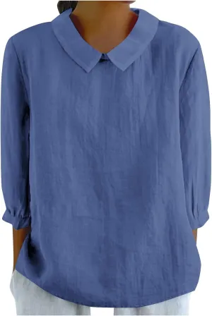 Summer Tops for Women 2025 Lightweight Linen Tee Shirt 3/4 Sleeve Lapel Gauze Blouses Loose Trendy Business Clothing