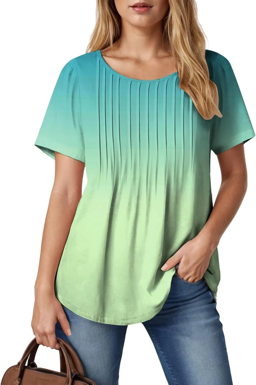 Summer Tops for Women 2025 Short Sleeve Pleated Dressy Casual Crewneck Summer Tops Print Blouses Fashion