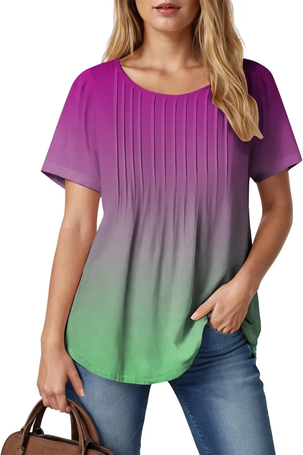 Summer Tops for Women 2025 Short Sleeve Pleated Dressy Casual Crewneck Summer Tops Print Blouses Fashion