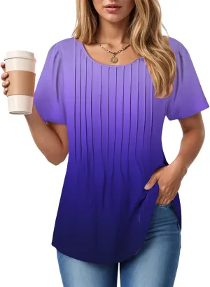 Summer Tops for Women 2025 Short Sleeve Pleated Dressy Casual Crewneck Summer Tops Print Blouses Fashion