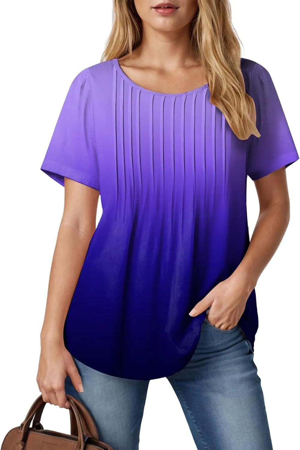 Summer Tops for Women 2025 Short Sleeve Pleated Dressy Casual Crewneck Summer Tops Print Blouses Fashion
