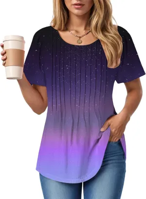 Summer Tops for Women 2025 Short Sleeve Pleated Dressy Casual Crewneck Summer Tops Print Blouses Fashion