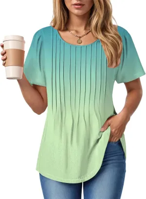 Summer Tops for Women 2025 Short Sleeve Pleated Dressy Casual Crewneck Summer Tops Print Blouses Fashion