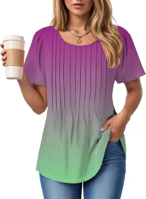 Summer Tops for Women 2025 Short Sleeve Pleated Dressy Casual Crewneck Summer Tops Print Blouses Fashion