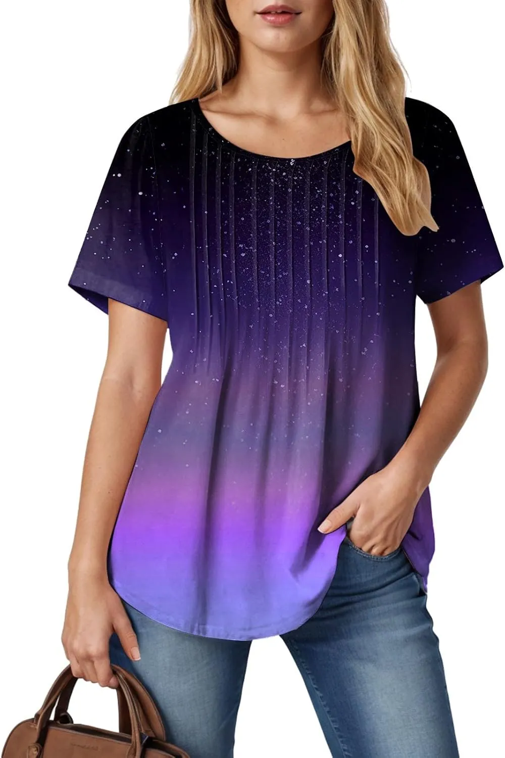 Summer Tops for Women 2025 Short Sleeve Pleated Dressy Casual Crewneck Summer Tops Print Blouses Fashion