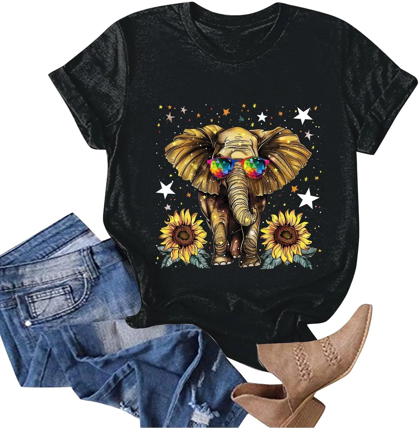 Summer Tops for Women 2025 Short Sleeve Sunflower T-Shirt Cute Funny Graphic Tee Teen Girls Casual Shirt