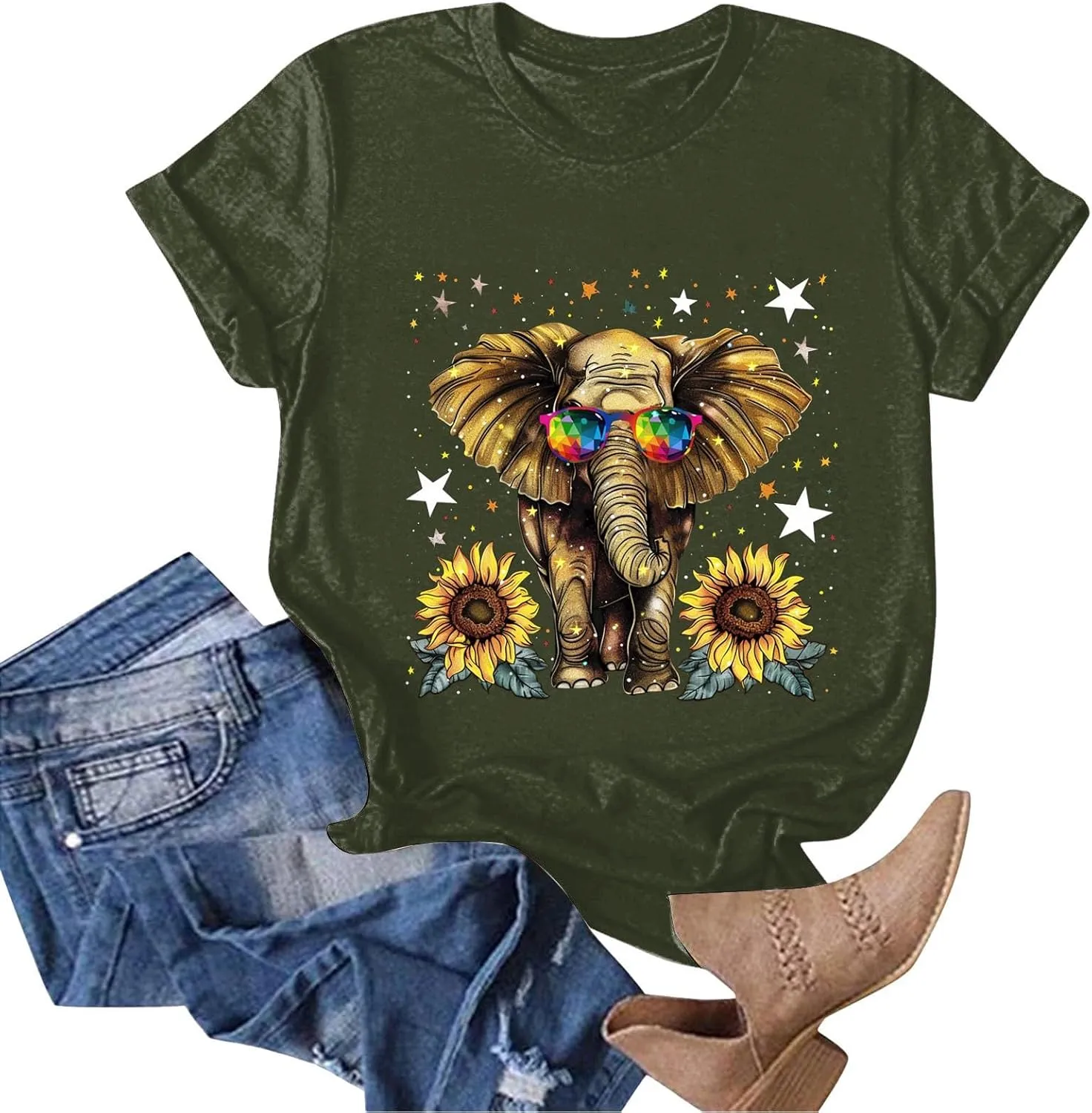 Summer Tops for Women 2025 Short Sleeve Sunflower T-Shirt Cute Funny Graphic Tee Teen Girls Casual Shirt