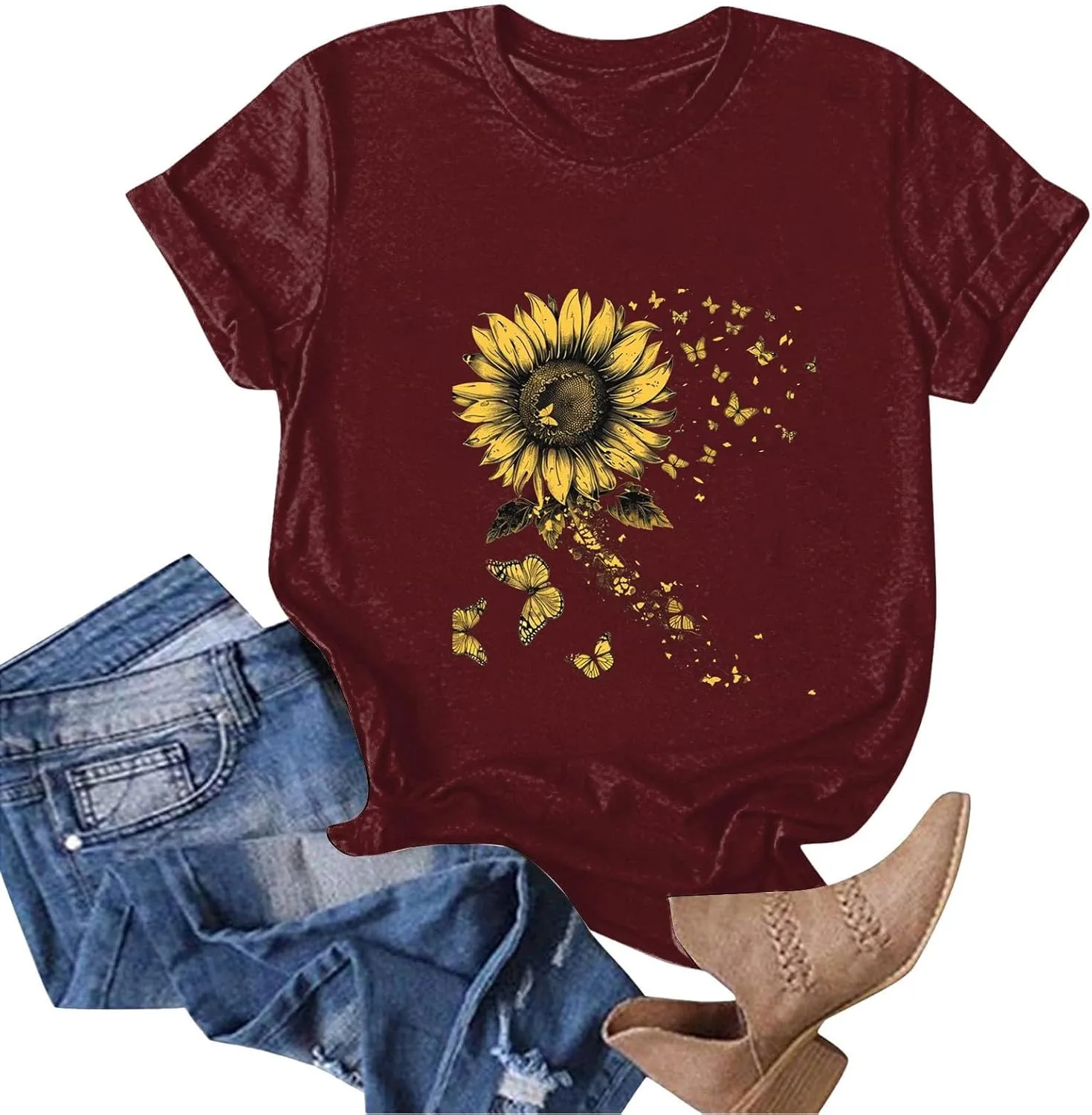 Summer Tops for Women 2025 Sunflower Graphic Shirt Boho Flower Top Cute Summer Vintage Short Sleeve Holiday Shirt