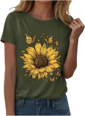 Summer Tops for Women 2025 Sunflower Graphic Shirt Boho Flower Top Cute Summer Vintage Short Sleeve Holiday Shirt