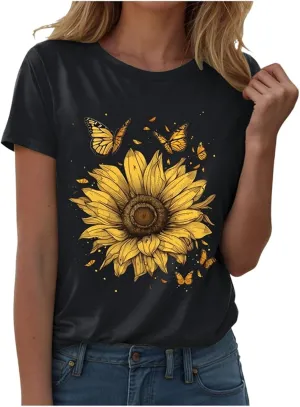 Summer Tops for Women 2025 Sunflower Graphic Shirt Boho Flower Top Cute Summer Vintage Short Sleeve Holiday Shirt