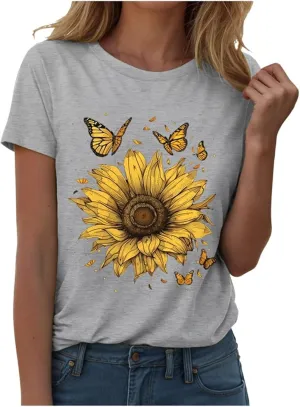 Summer Tops for Women 2025 Sunflower Graphic Shirt Boho Flower Top Cute Summer Vintage Short Sleeve Holiday Shirt
