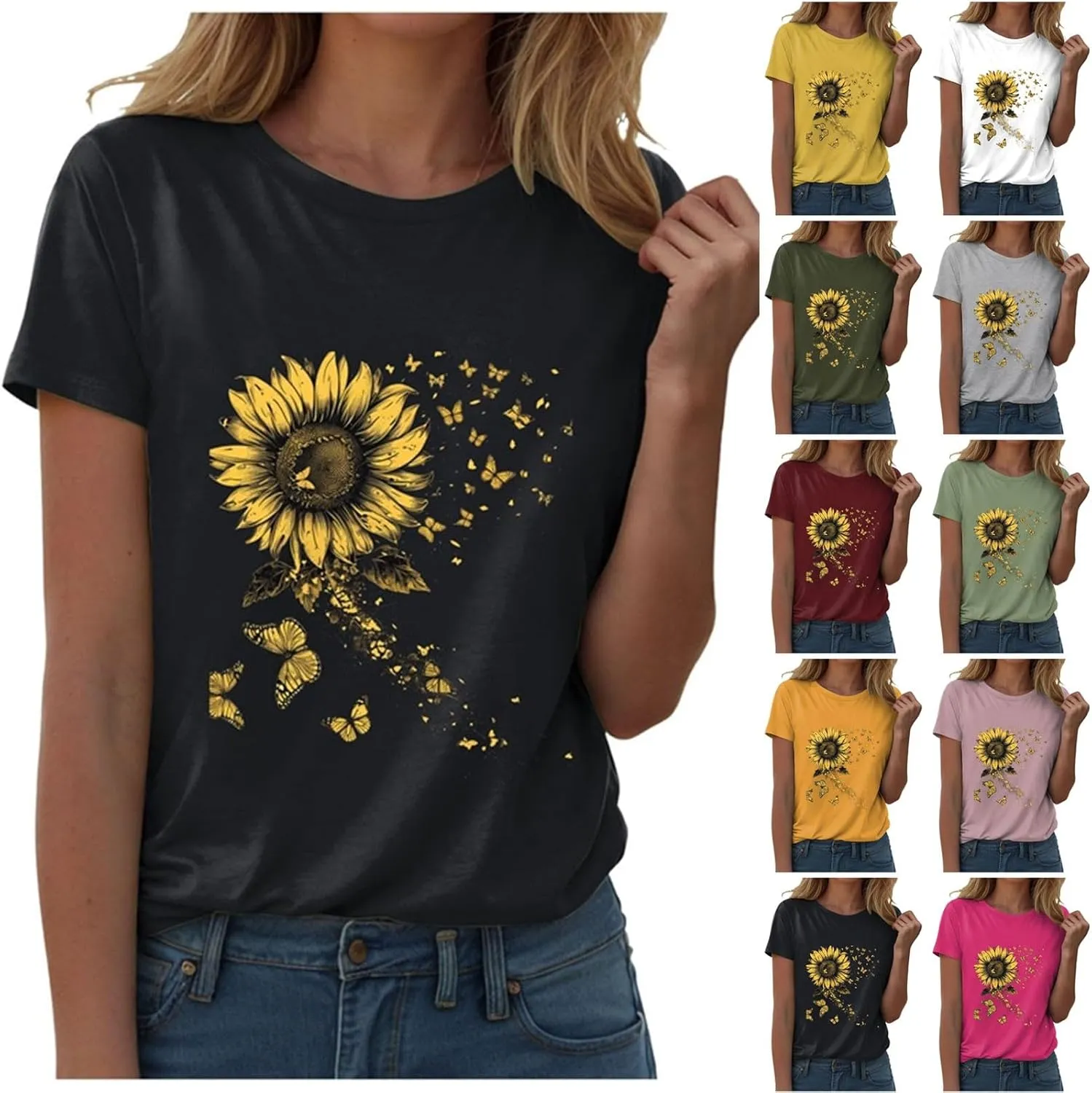 Summer Tops for Women 2025 Sunflower Graphic Shirt Boho Flower Top Cute Summer Vintage Short Sleeve Holiday Shirt