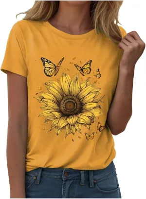 Summer Tops for Women 2025 Sunflower Graphic Shirt Boho Flower Top Cute Summer Vintage Short Sleeve Holiday Shirt