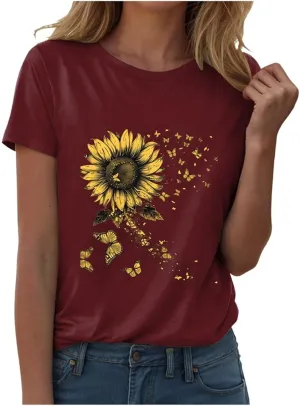 Summer Tops for Women 2025 Sunflower Graphic Shirt Boho Flower Top Cute Summer Vintage Short Sleeve Holiday Shirt