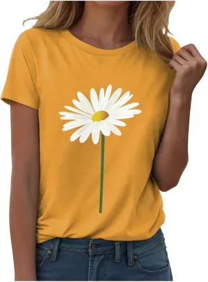 Summer Tops for Women 2025 Sunflower Graphic Tees Crewneck Short Sleeve Summer Tops Casual Loose Cotton Tshirts