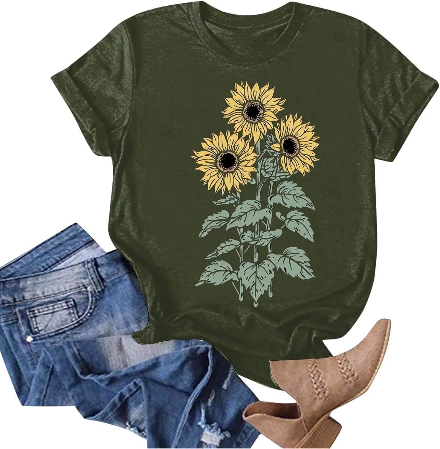 Summer Tops for Women 2025 Sunflower Graphic Tees Crewneck Short Sleeve Summer Tops Casual Loose Cotton Tshirts